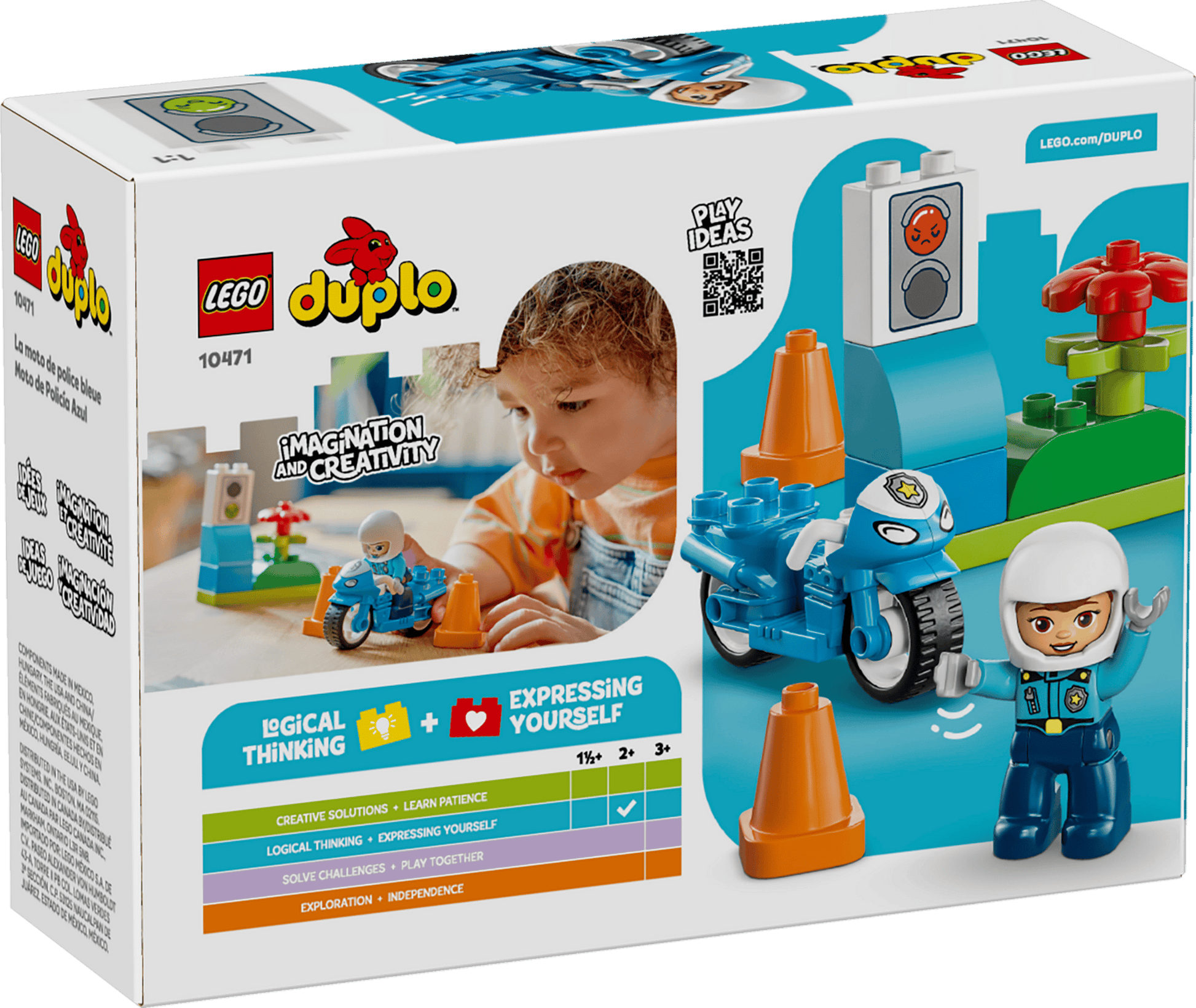 The LEGO® DUPLO® Blue Police Motorcycle by Legos - Toyhouse features a police officer on a DUPLO motorcycle, cones, and scenery. Perfect learning toy for toddlers ages 2 and up. Box shows a child playing in the background.