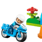 The LEGO® DUPLO® Blue Police Motorcycle by Legos - Toyhouse includes an officer, two orange cones, a flower on green blocks, and a traffic light for fun emergency play and toddler learning.