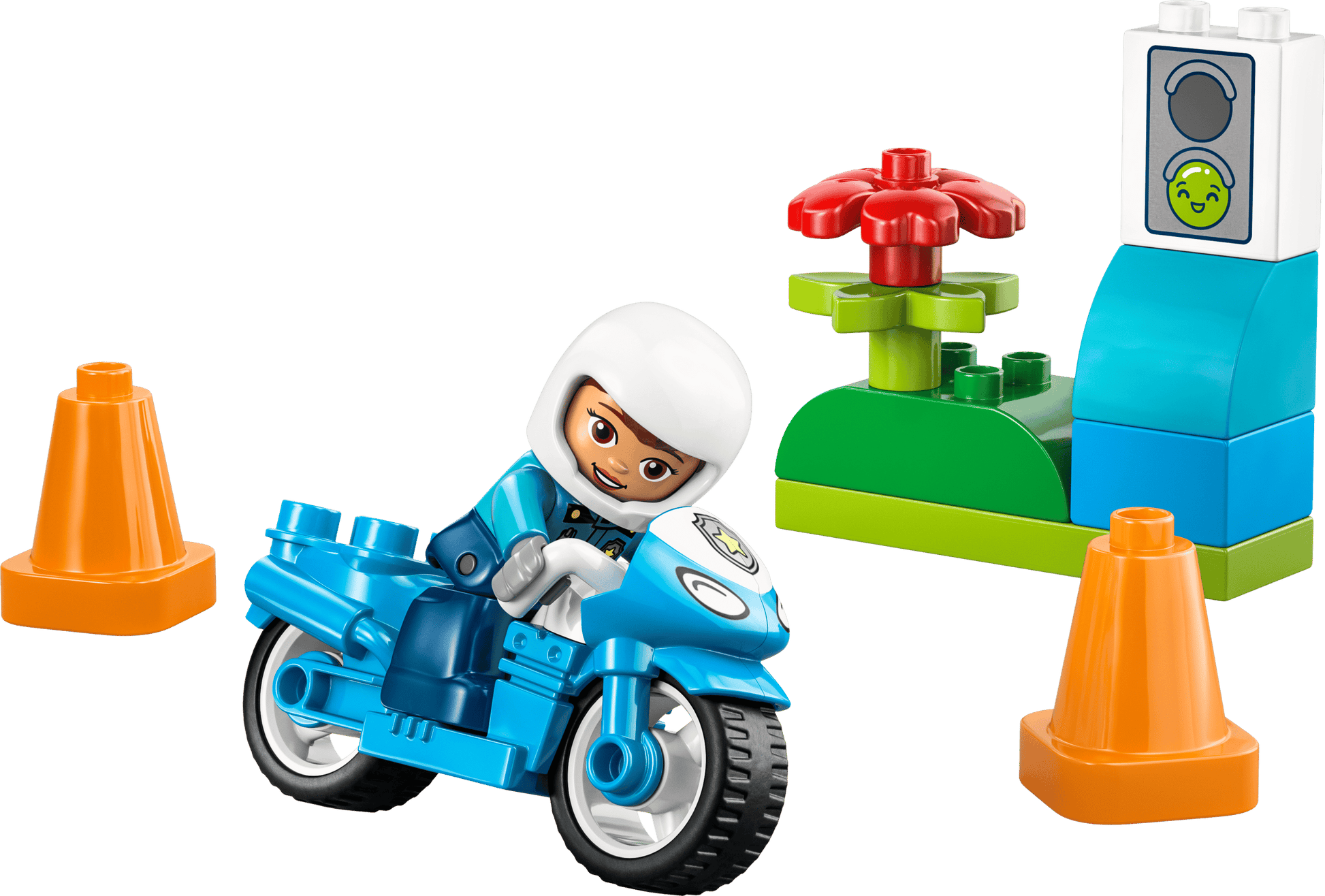 The LEGO® DUPLO® Blue Police Motorcycle by Legos - Toyhouse includes an officer, two orange cones, a flower on green blocks, and a traffic light for fun emergency play and toddler learning.