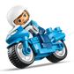 A LEGO® DUPLO® Blue Police Motorcycle from Legos - Toyhouse features a minifigure in a white helmet riding the blue bike, leaned as if turning, on a plain white background—ideal for young fans of emergency vehicles.