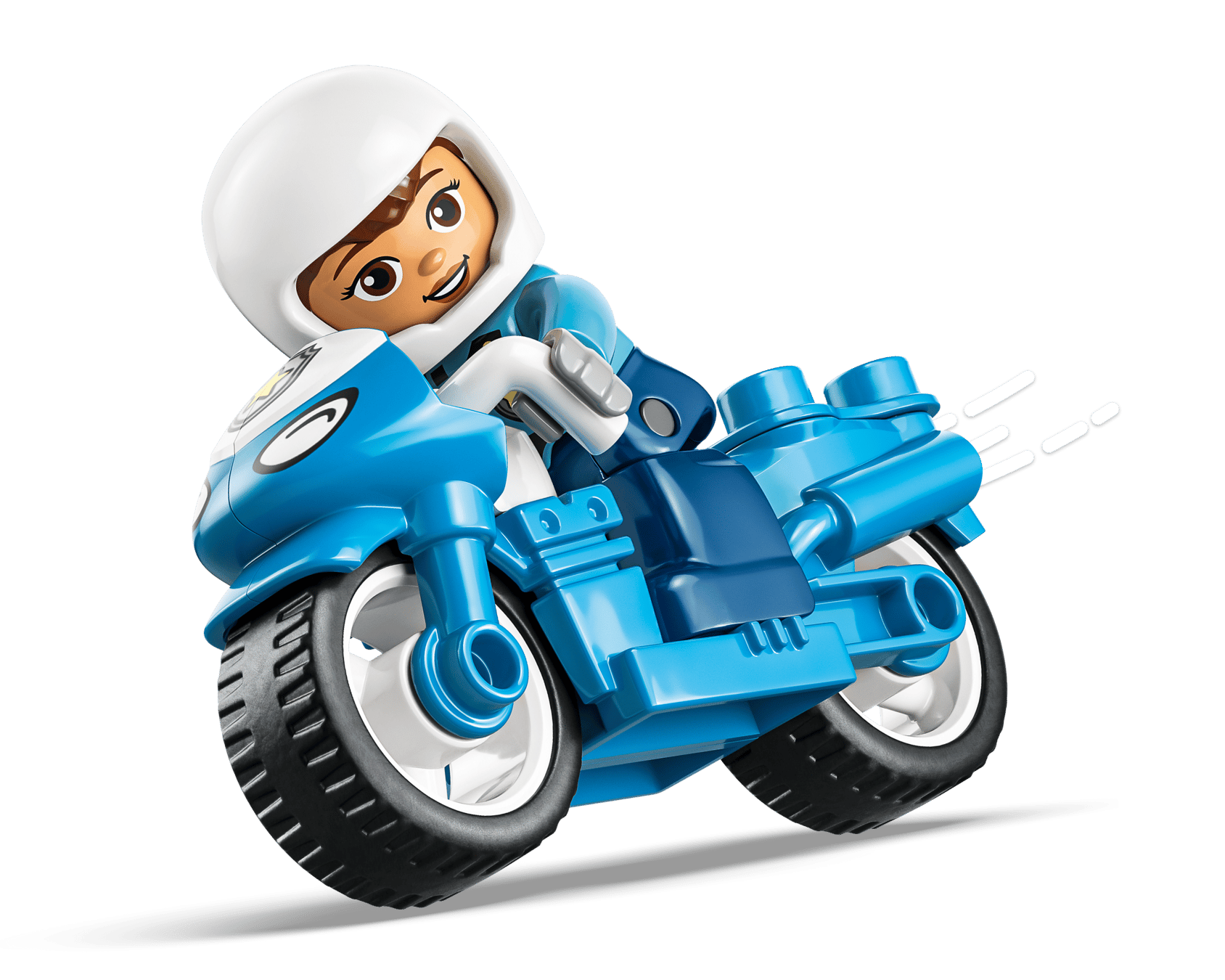 A LEGO® DUPLO® Blue Police Motorcycle from Legos - Toyhouse features a minifigure in a white helmet riding the blue bike, leaned as if turning, on a plain white background—ideal for young fans of emergency vehicles.