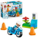 The LEGO® DUPLO® Blue Police Motorcycle by Legos - Toyhouse is a fun toddler learning toy featuring a police figure, emergency vehicle, blue motorcycle, traffic cones, stoplight, flower, and box in the background.
