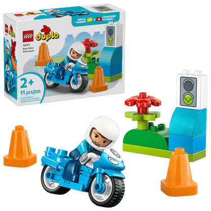 The LEGO® DUPLO® Blue Police Motorcycle by Legos - Toyhouse is a fun toddler learning toy featuring a police figure, emergency vehicle, blue motorcycle, traffic cones, stoplight, flower, and box in the background.