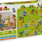 Back of a LEGO® DUPLO® 3-in-1 Construction Site and Vehicles box by Legos - Toyhouse, featuring multiple build options, kids playing with construction vehicles, and icons for creativity and learning skills.