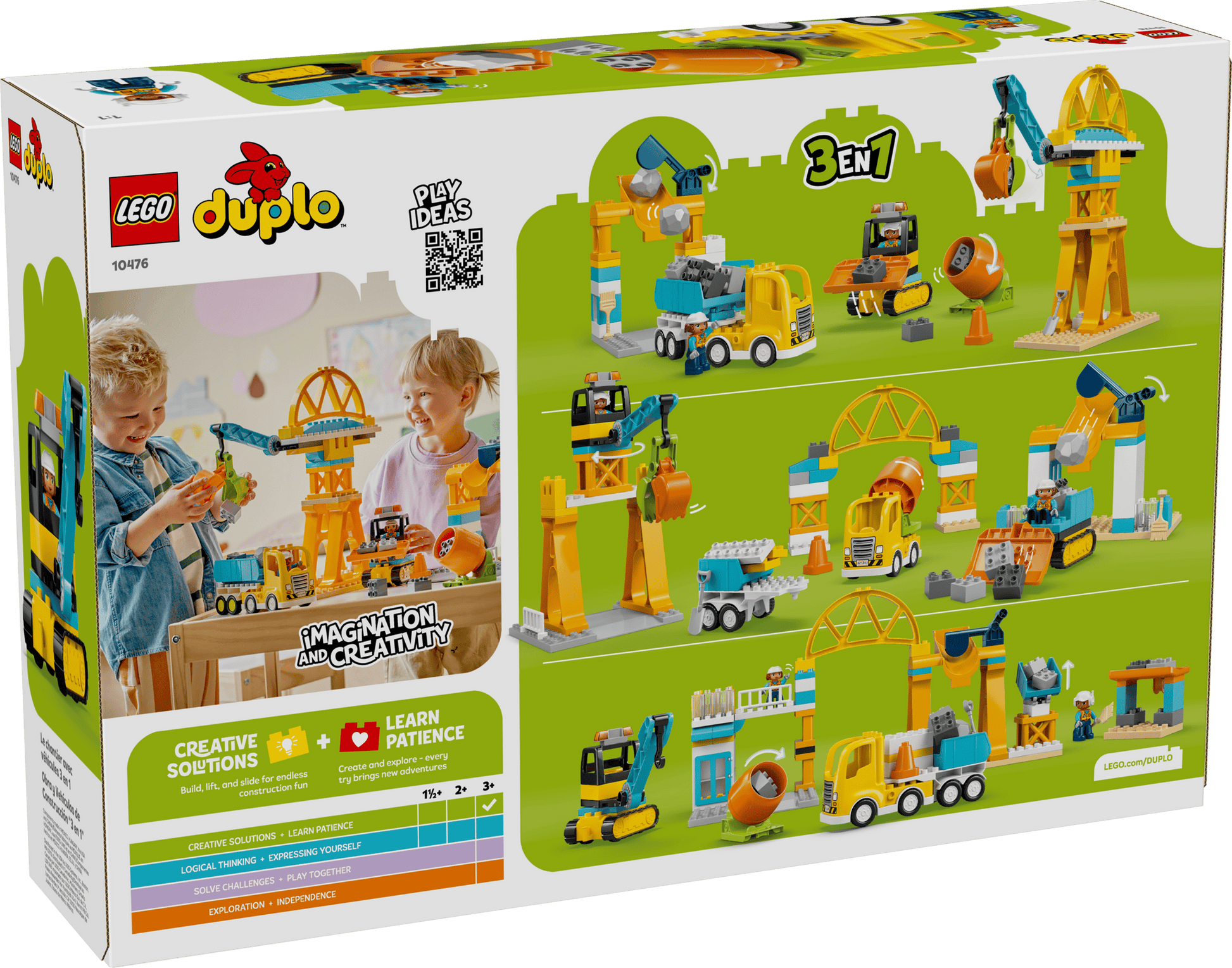 Back of a LEGO® DUPLO® 3-in-1 Construction Site and Vehicles box by Legos - Toyhouse, featuring multiple build options, kids playing with construction vehicles, and icons for creativity and learning skills.