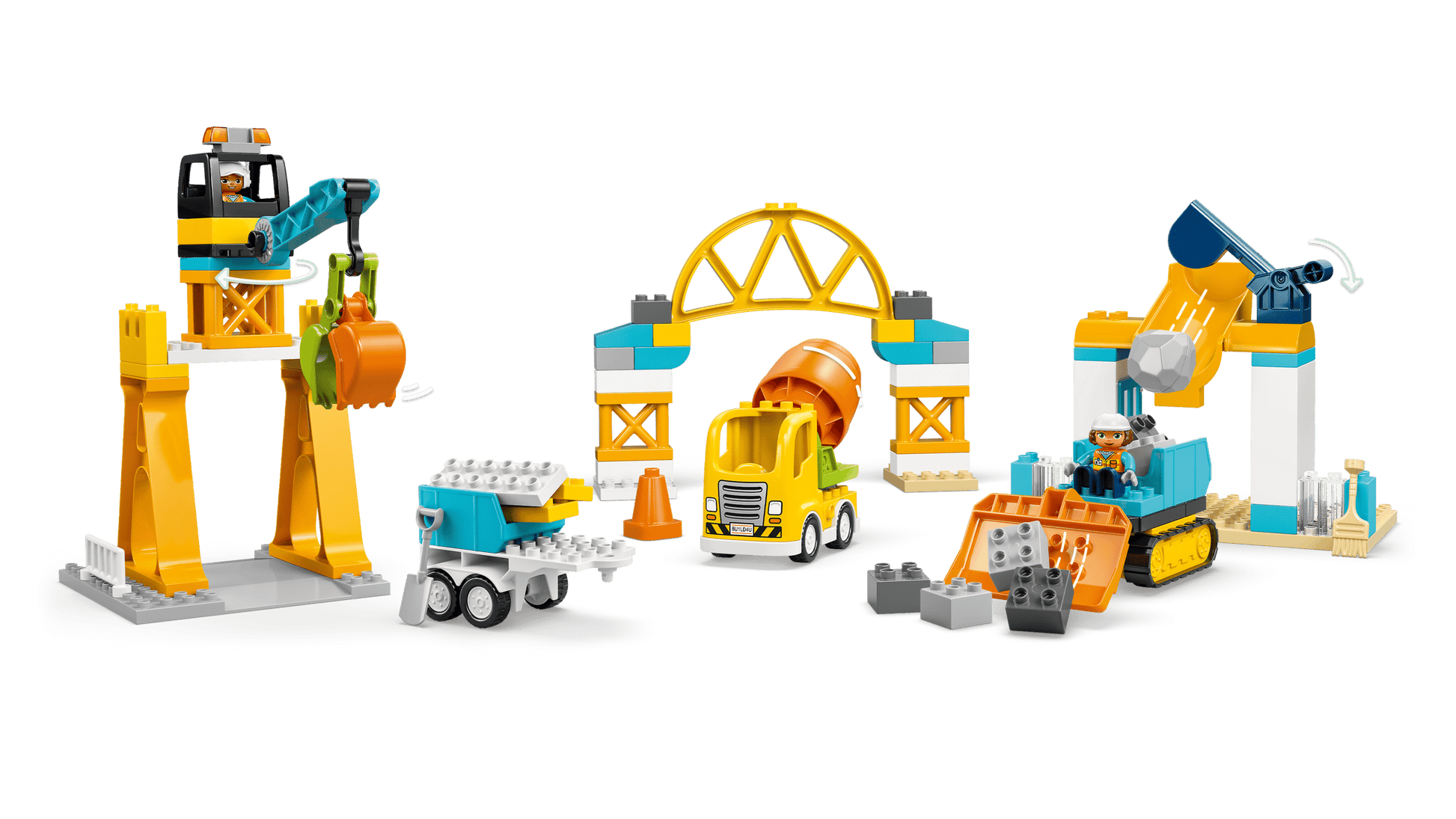 The Legos - Toyhouse LEGO® DUPLO® 3-in-1 Construction Site and Vehicles set includes a crane, cement mixer truck, bulldozer, construction workers, and building elements—ideal for toddlers who love construction vehicle toys.