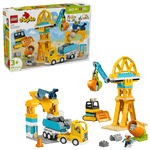 The LEGO® DUPLO® 3-in-1 Construction Site and Vehicles set from Legos - Toyhouse includes a crane, dump truck, excavator, worker figures, and building pieces—ideal for imaginative construction play. Box shown in background.
