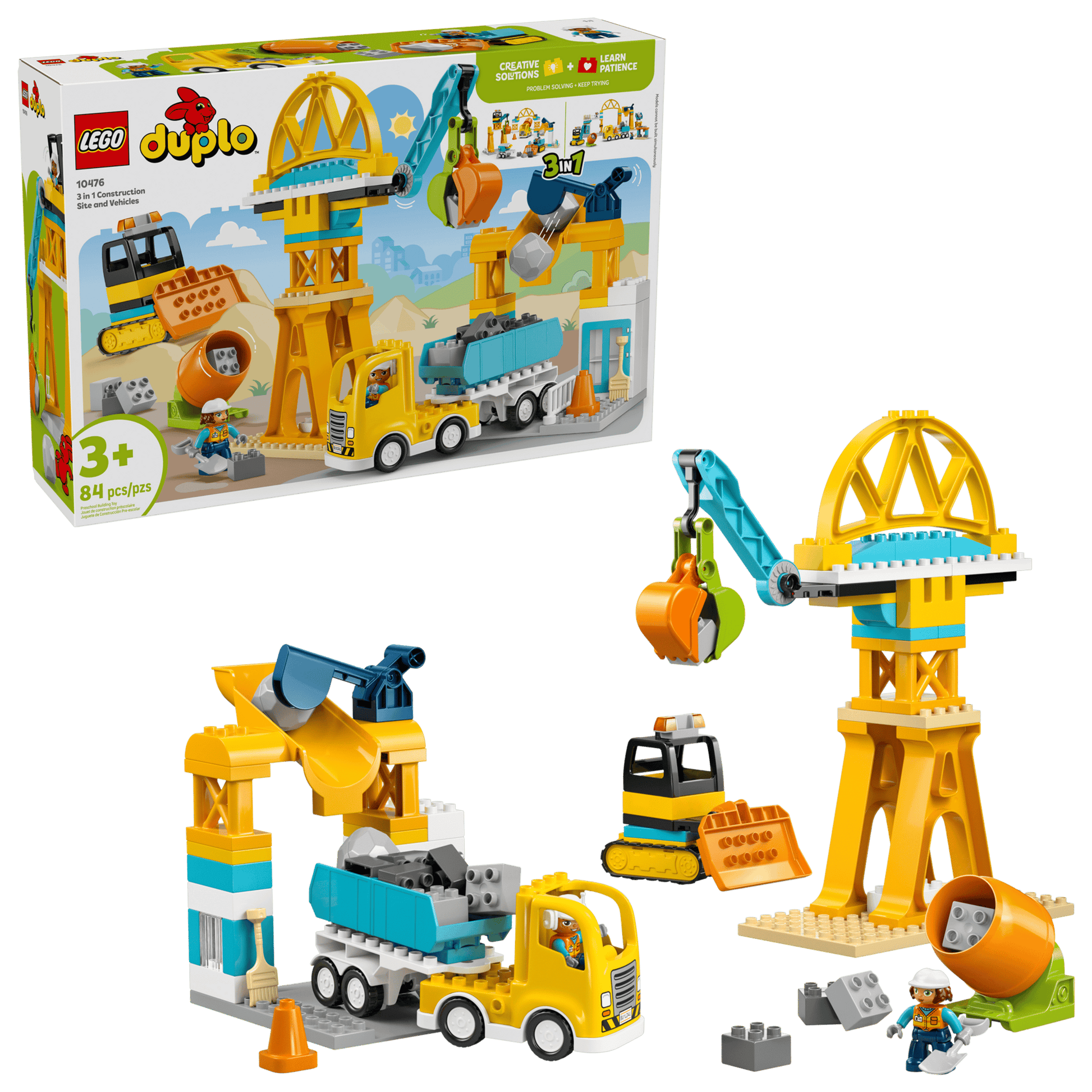 The LEGO® DUPLO® 3-in-1 Construction Site and Vehicles set from Legos - Toyhouse includes a crane, dump truck, excavator, worker figures, and building pieces—ideal for imaginative construction play. Box shown in background.