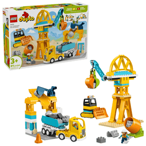 The LEGO® DUPLO® 3-in-1 Construction Site and Vehicles set from Legos - Toyhouse includes a crane, dump truck, excavator, worker figures, and building pieces—ideal for imaginative construction play. Box shown in background.