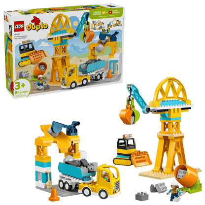 The LEGO® DUPLO® 3-in-1 Construction Site and Vehicles set from Legos - Toyhouse includes a crane, dump truck, excavator, worker figures, and building pieces—ideal for imaginative construction play. Box shown in background.