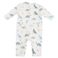 The Angel Dear Baby Boys' French Terry Uni Romper is a white, long-sleeve Henley with green, blue, and yellow dinosaur print, shown flat from the back—a soft and stylish outfit for your baby’s comfort.