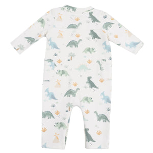 The Angel Dear Baby Boys' French Terry Uni Romper is a white, long-sleeve Henley with green, blue, and yellow dinosaur print, shown flat from the back—a soft and stylish outfit for your baby’s comfort.
