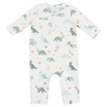 The Angel Dear Baby Boys' French Terry Uni Romper is a soft white long-sleeve outfit with green, blue, and yellow dinosaur and plant prints—perfect for your little one.