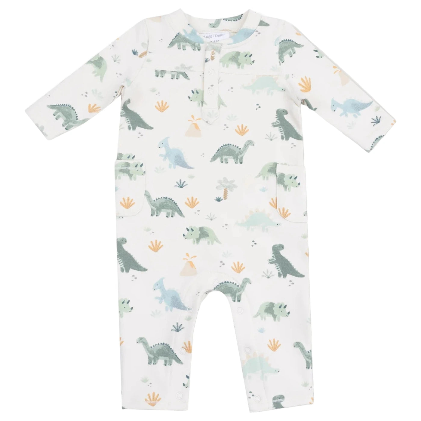 The Angel Dear Baby Boys' French Terry Uni Romper is a soft white long-sleeve outfit with green, blue, and yellow dinosaur and plant prints—perfect for your little one.