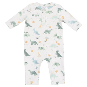 The Angel Dear Baby Boys' French Terry Uni Romper is a soft white long-sleeve outfit with green, blue, and yellow dinosaur and plant prints—perfect for your little one.