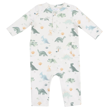 The Angel Dear Baby Boys' French Terry Uni Romper is a soft white long-sleeve outfit with green, blue, and yellow dinosaur and plant prints—perfect for your little one.
