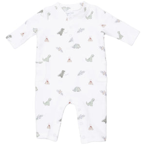 The Angel Dear Baby Boys’ French Terry Uni Romper features long sleeves and a charming pattern of small pastel green and gray dinosaurs and trees. Crafted from soft Organic French Terry for extra comfort, this romper includes convenient snaps down the front and legs for easy changing.