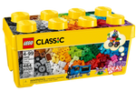 The LEGO® Classic Medium Creative Brick Box by Legos - Toyhouse is a yellow storage box with 484 colorful bricks for ages 4-99, featuring a small blue train build for creative fun on its packaging.