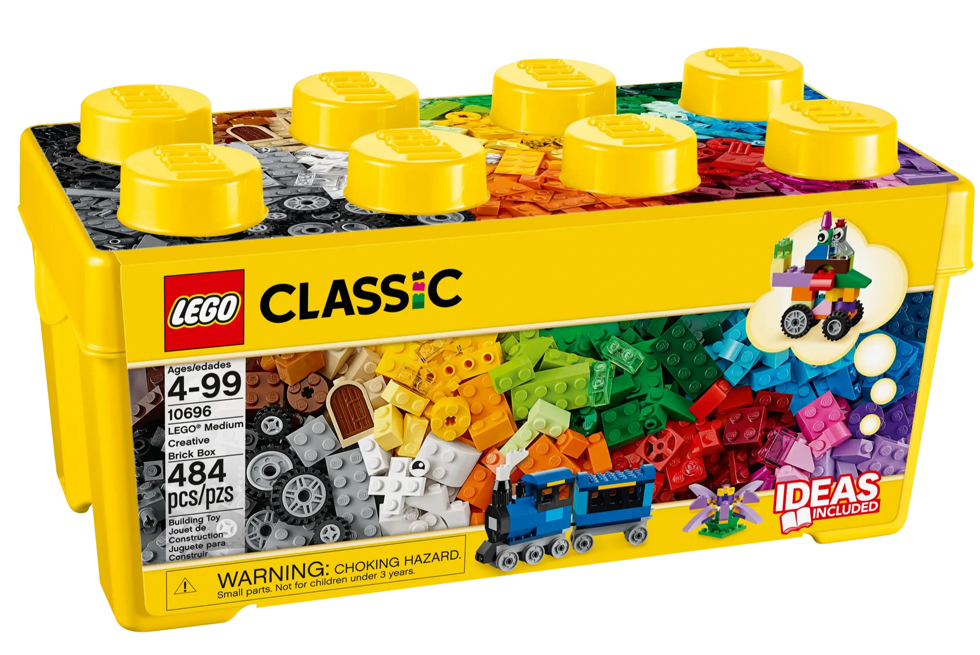 The LEGO® Classic Medium Creative Brick Box by Legos - Toyhouse is a yellow storage box with 484 colorful bricks for ages 4-99, featuring a small blue train build for creative fun on its packaging.