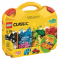 The LEGO® Classic Creative Suitcase by LEGO® includes 213 colorful bricks in a bright yellow storage case for ages 4-99, with creative build ideas shown on the packaging.