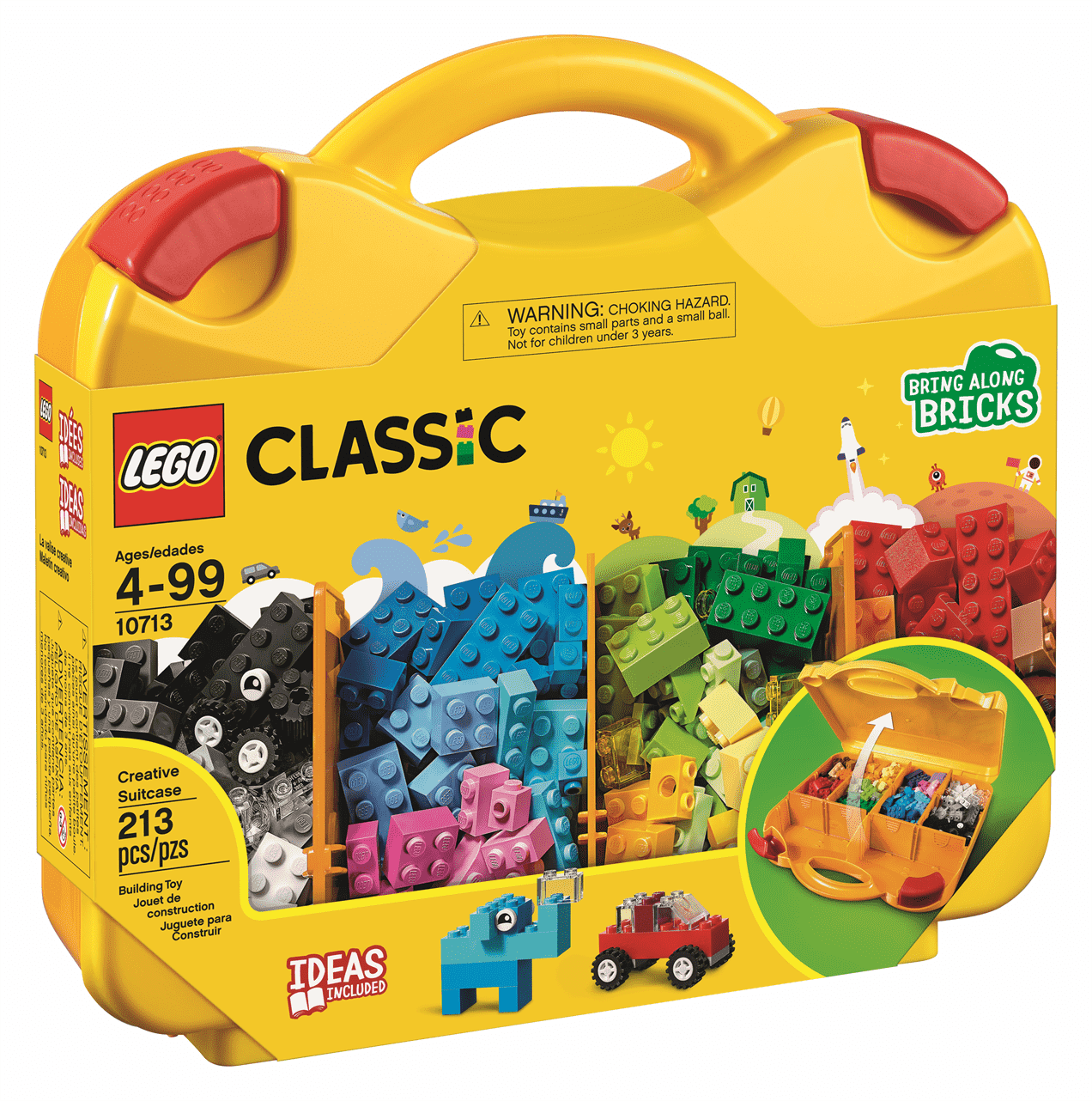 The LEGO® Classic Creative Suitcase by LEGO® includes 213 colorful bricks in a bright yellow storage case for ages 4-99, with creative build ideas shown on the packaging.