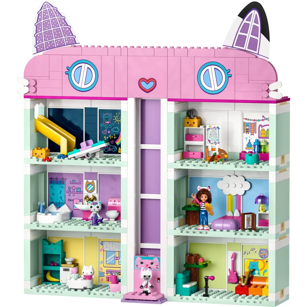 A vibrant, multi-level toy house with cat-like roof ears mimics LEGO® Gabby's Dollhouse. Each room includes a sliding elevator, detailed with furniture and figures, exuding playful and cozy vibes. From Legos - Toyhouse brand.