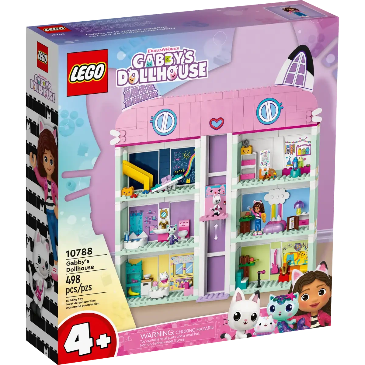 The LEGO® Gabby's Dollhouse set by Legos - Toyhouse includes 498 pieces for ages 4+. The vibrant box showcases a pink and teal multi-room dollhouse with characters, accessories, and a sliding elevator, inspired by DreamWorks Animation.