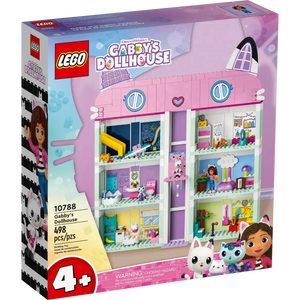 The LEGO® Gabby's Dollhouse set by Legos - Toyhouse includes 498 pieces for ages 4+. The vibrant box showcases a pink and teal multi-room dollhouse with characters, accessories, and a sliding elevator, inspired by DreamWorks Animation.