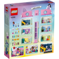 The back of the LEGO® Gabby's Dollhouse set box, from Legos - Toyhouse, model 10788, captures the charm with its dollhouse design featuring multiple rooms and characters. Inspired by DreamWorks Animation, it includes a sliding elevator and detailed illustrations for building guidance.