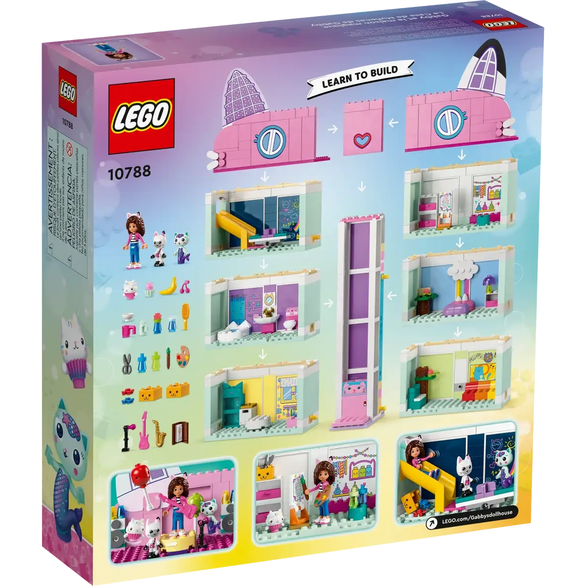 The back of the LEGO® Gabby's Dollhouse set box, from Legos - Toyhouse, model 10788, captures the charm with its dollhouse design featuring multiple rooms and characters. Inspired by DreamWorks Animation, it includes a sliding elevator and detailed illustrations for building guidance.