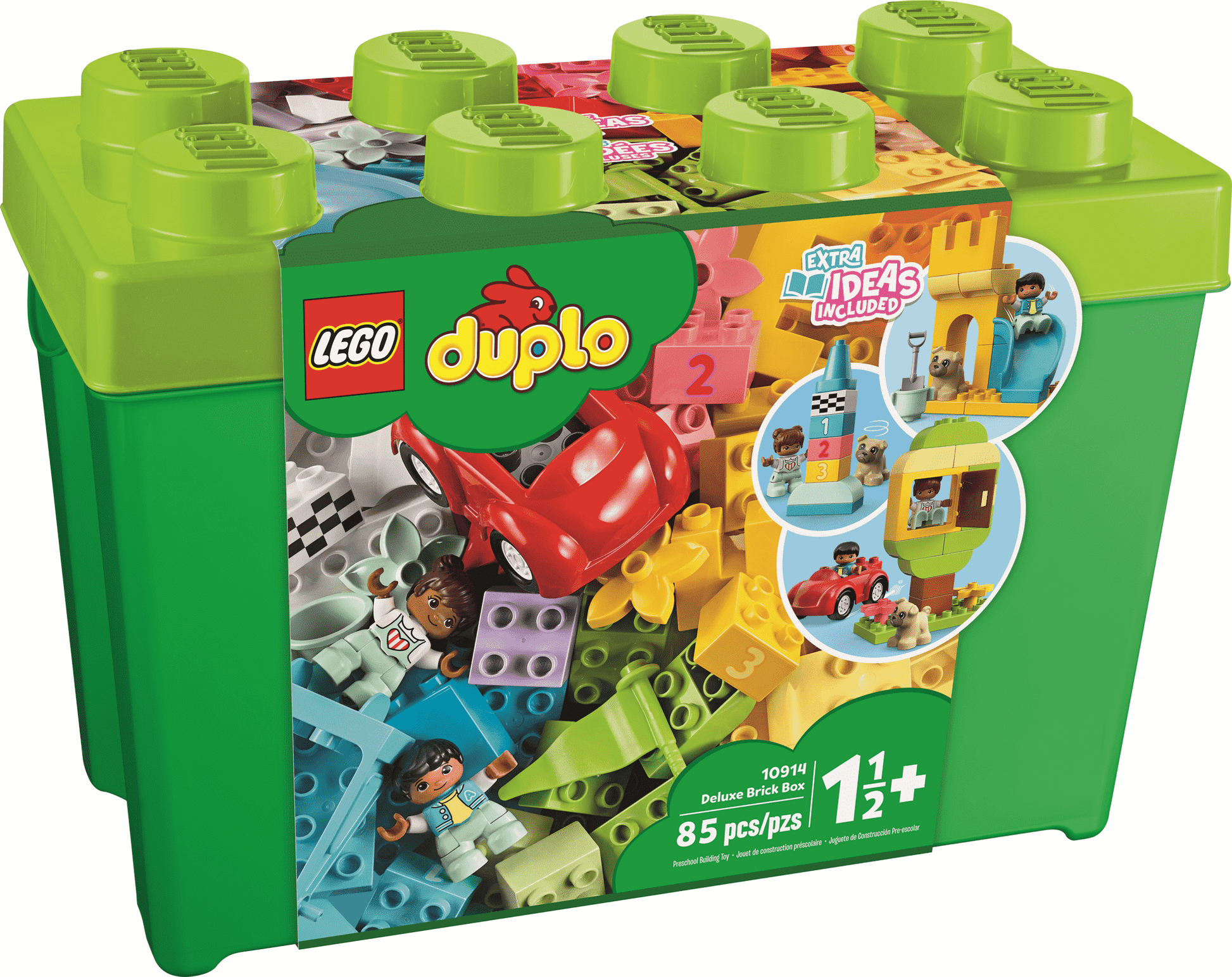 A vibrant LEGO® DUPLO® Deluxe Brick Box from Legos - Toyhouse, featuring a colorful design filled with blocks and toys. This toddler-friendly set contains 85 pieces suitable for ages 1.5 and up, complete with extra building ideas that provide developmental benefits for curious young minds.