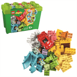 The LEGO® DUPLO® Deluxe Brick Box from Legos - Toyhouse is a toddler-friendly set featuring an assortment of colorful blocks, a red car, and figures, perfect for children aged 1 and up. This set provides developmental benefits and comes in a box labeled with the brand name, showcasing the pieces outside.