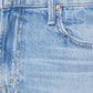 Close-up of the Mother Mid Rise Rambler Zip Ankle Fray jeans in light blue denim, featuring a waistband, front pocket, belt loop, metal button, and a subtle frayed ankle hem for a modern twist on classic wide straight leg style.