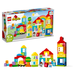 The LEGO® DUPLO® Alphabet Town set by Legos - Toyhouse includes a variety of colorful blocks, alphabet bricks, a toy car, and small figures. The box showcases a vibrant townscape with buildings and a rainbow created from the pieces. This educational toy is ideal for imaginative play and suitable for children aged 1.5 years and older.