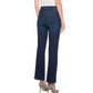 A person is shown from the back on a white background wearing the Mother Tripper Flood high-rise flare bootcut jeans in dark blue stretch cotton blend, paired with a white sleeveless top and snakeskin high heels.