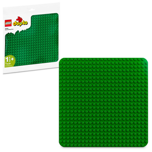 A green LEGO® DUPLO® Green Building Plate and a package of LEGO bricks for creative building.