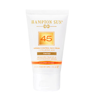 A 60ml tube of Hampton Sun Tinted SPF 45 Wrinkle Control Face Cream with hyaluronic acid and cucumber infusion.