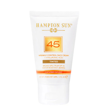 A 60ml tube of Hampton Sun Tinted SPF 45 Wrinkle Control Face Cream with hyaluronic acid and cucumber infusion.