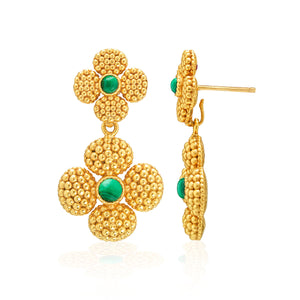 Berry Clover Convertible Duo Earrings by Juliska Capucine De Wulf feature textured floral designs with green gemstone centers, displayed from front and side views on a white background.