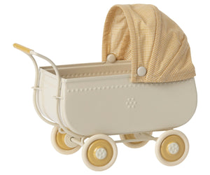 Maileg Yellow Pram - Micro: This vintage-style baby carriage features a charming yellow gingham canopy, four wheels, and curved metal handles—ideal as a classic pram for micro-sized bunnies or as an enchanting accent in your dollhouse collection.