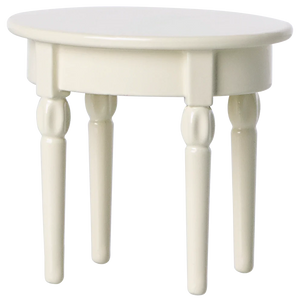 The Maileg Side Table, Mouse is a small, round, white wooden table with four turned legs—ideal for displaying your Maileg mouse castle or serving snacks.