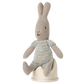 Plush rabbit toy in a blue and white outfit sitting on a Maileg Off-White Potty, Micro on a white surface.
