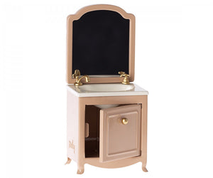 A small bathroom vanity with a mirror for a Maileg mouse castle; the Maileg Mouse Sink and Mirror in Dark Powder.