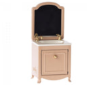 A Maileg Mouse Sink and Mirror in Dark Powder with a mirror fit for a royal bathroom.