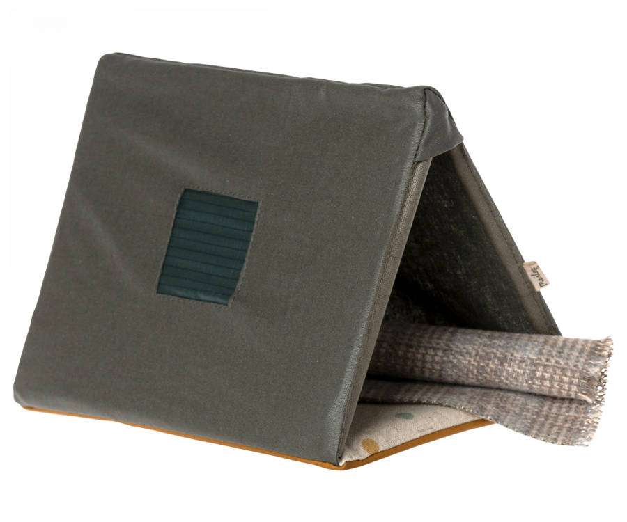 Olive green cotton linen Maileg Single Tent with a small window cutout on the cover displaying a series of vertical lines.