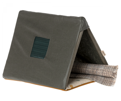 Olive green cotton linen Maileg Single Tent with a small window cutout on the cover displaying a series of vertical lines.