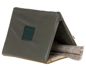 The Maileg Single Tent, Mouse features a gray triangular design with a soft patterned mat and rectangular window—ideal for cozy mouse sleepovers under the stars.