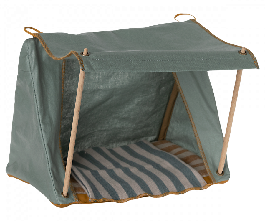 Maileg Happy Camper Tent with striped cushion on a white background.