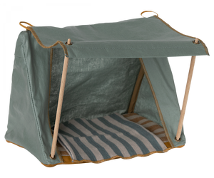 Maileg Happy Camper Tent with striped cushion on a white background.