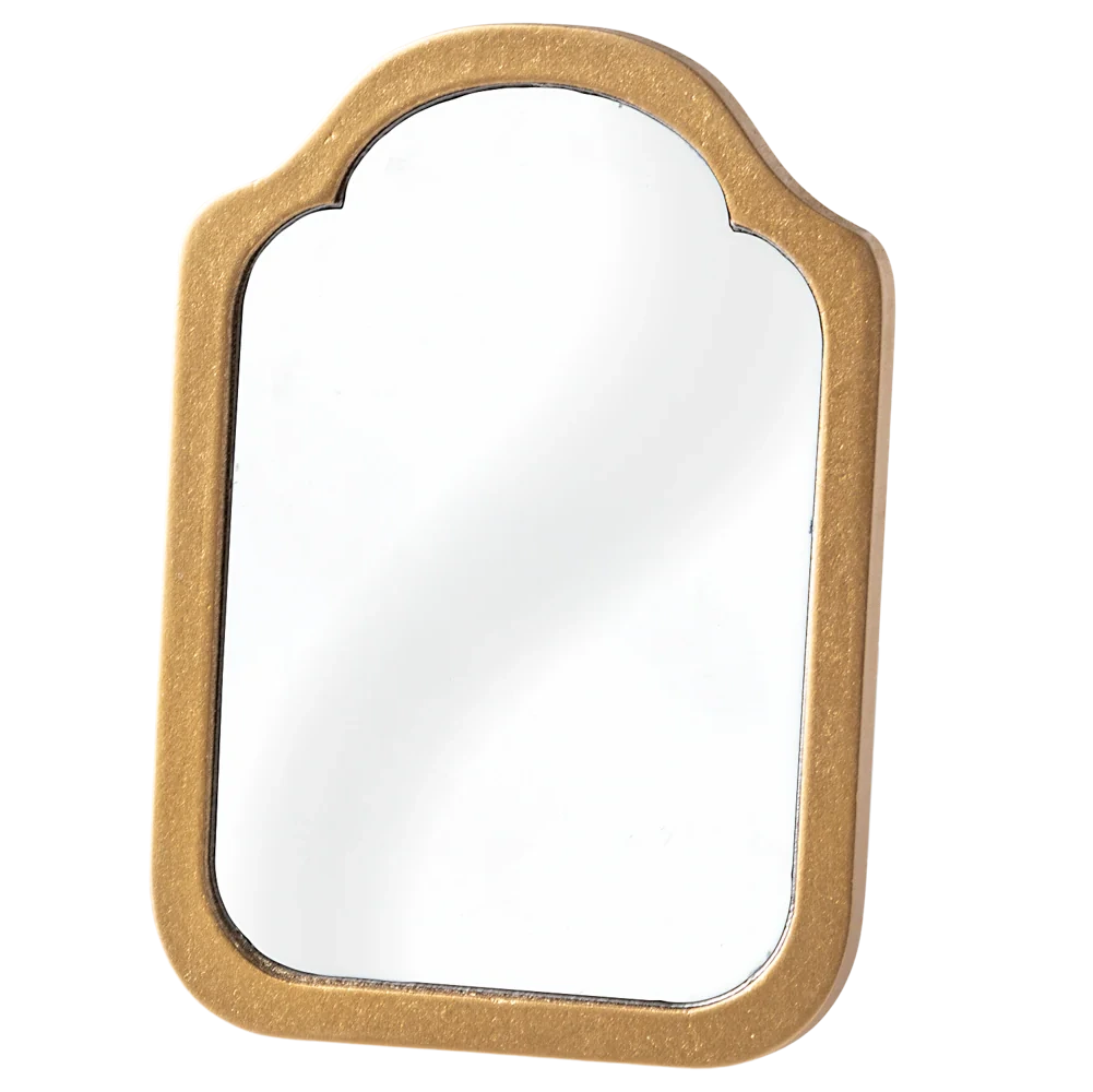 The Maileg Mirror, Miniature features a rectangular shape with rounded top corners and a gold-colored frame, perfect for a Maileg Bathroom or dollhouse, shown against a plain white background.